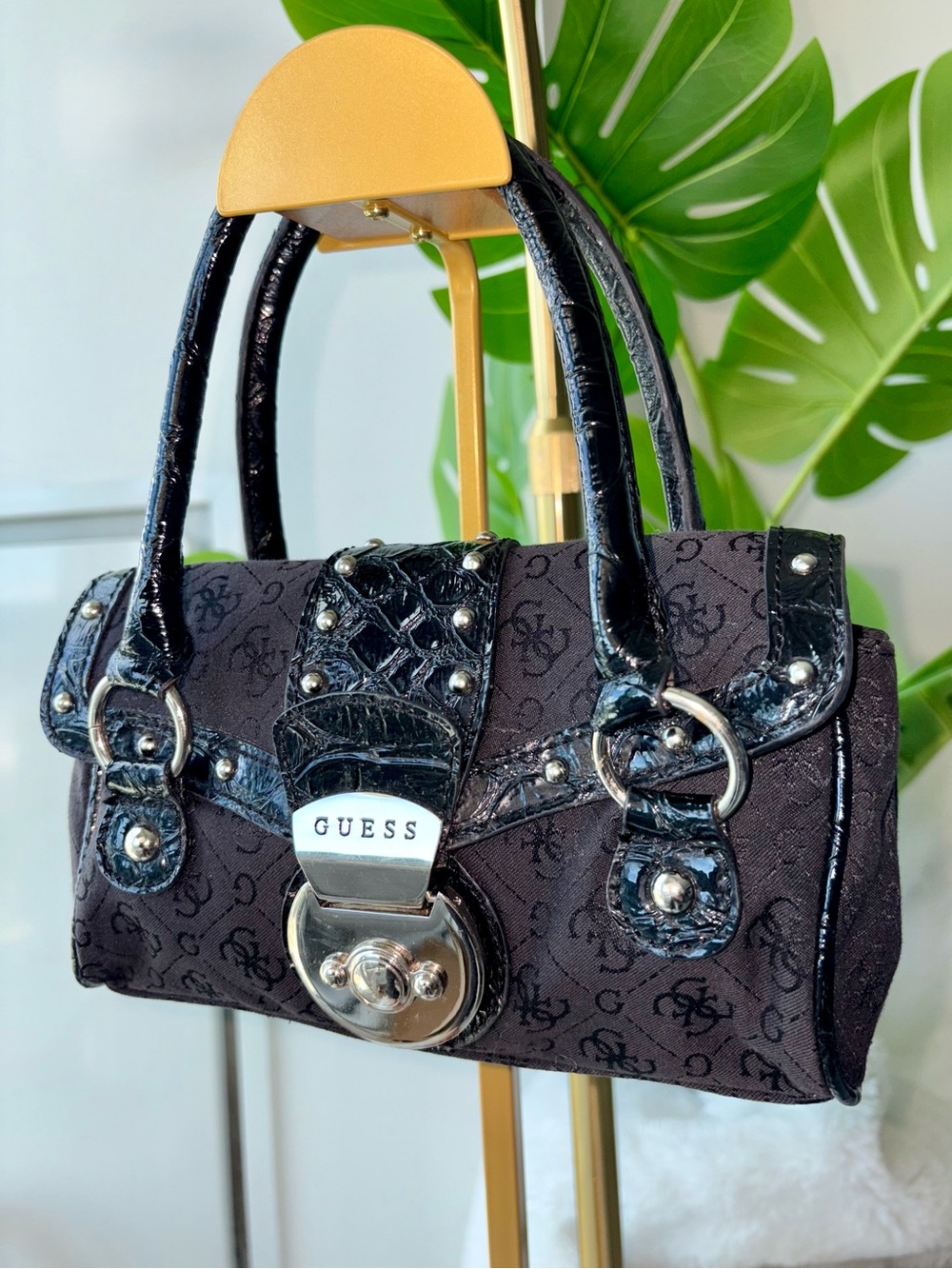 Vintage Y2K GUESS Sicily Black Monogram Croc Studded Mini Satchel Bag